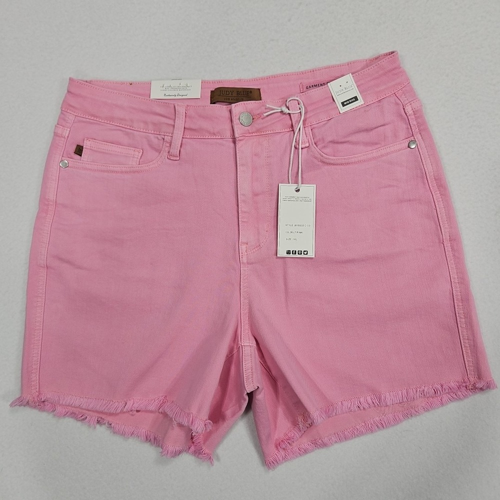 Judy Blue Shorts 1XL Pink‎ Garmet Dyed Denim Mid Rise Fray Hem Stretch 5" Inseam
